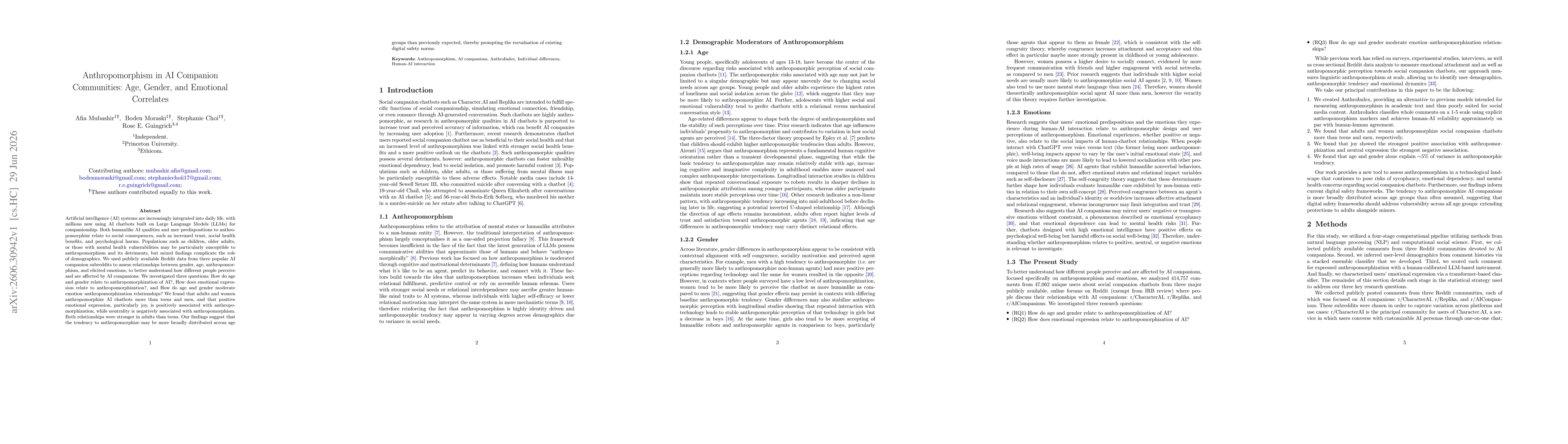 Thumbnail for Anthropomorphism in AI Companion Communities: Age, Gender, and Emotional Correlates