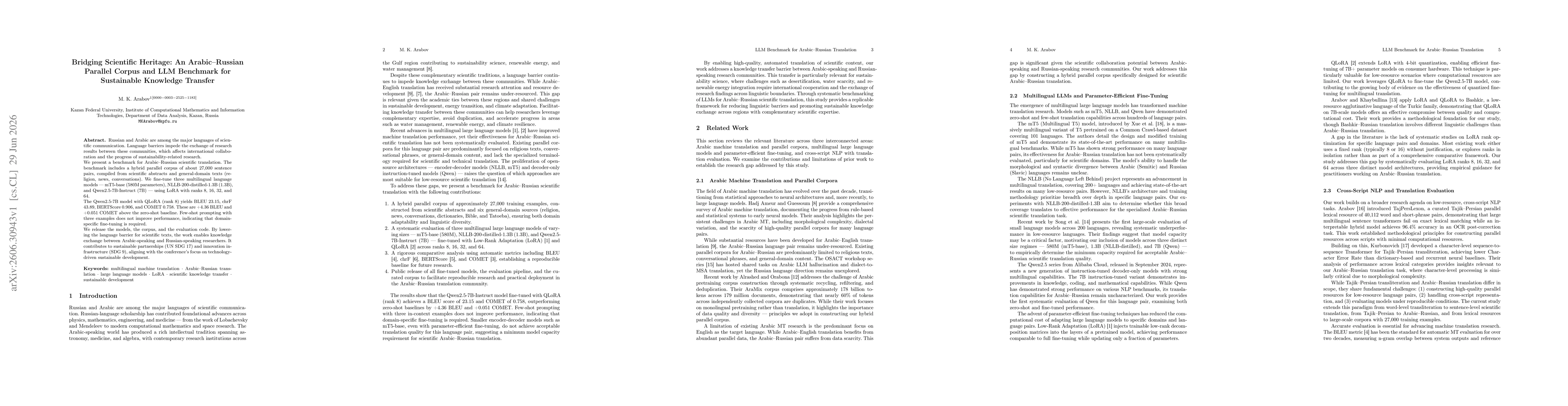 Thumbnail for Bridging Scientific Heritage: An Arabic--Russian Parallel Corpus and LLM Benchmark for Sustainable Knowledge Transfer