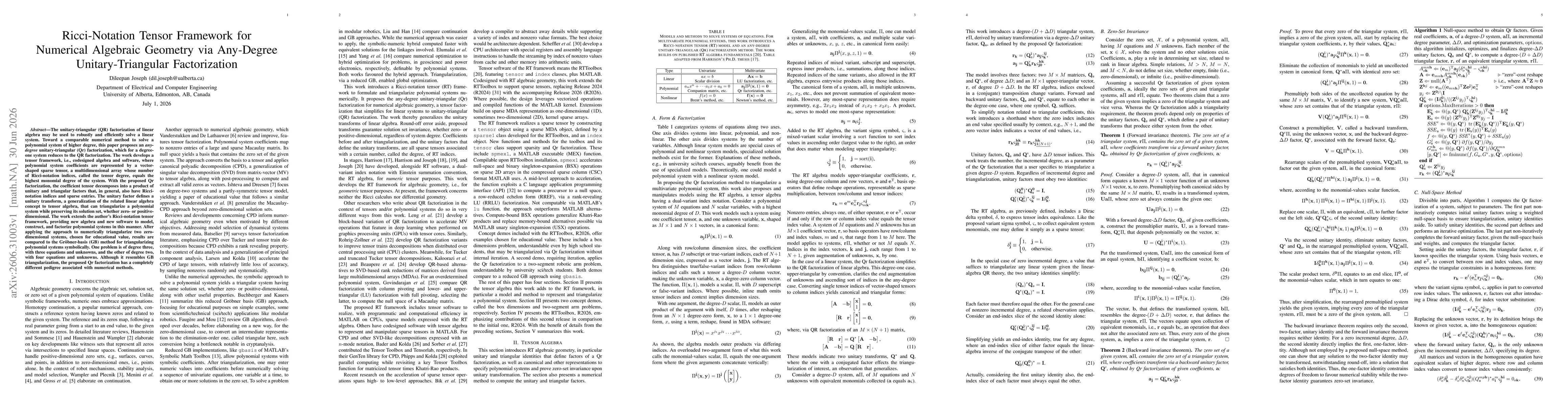 Thumbnail for Ricci-Notation Tensor Framework for Numerical Algebraic Geometry via Any-Degree Unitary-Triangular Factorization
