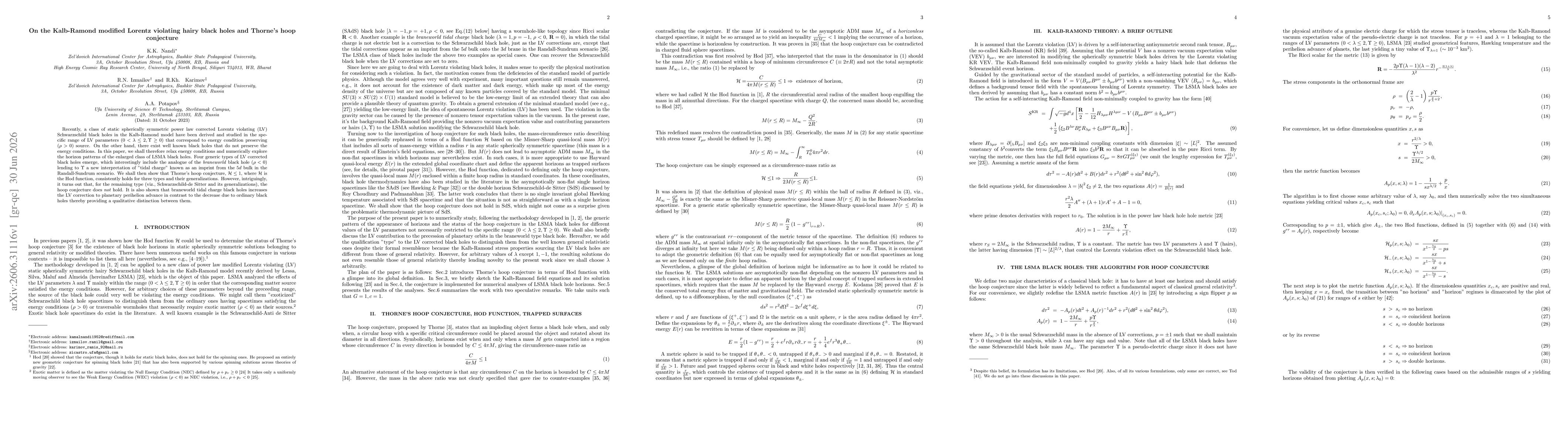 Thumbnail for On the Kalb-Ramond modified Lorentz violating hairy black holes and Thorne's hoop conjecture