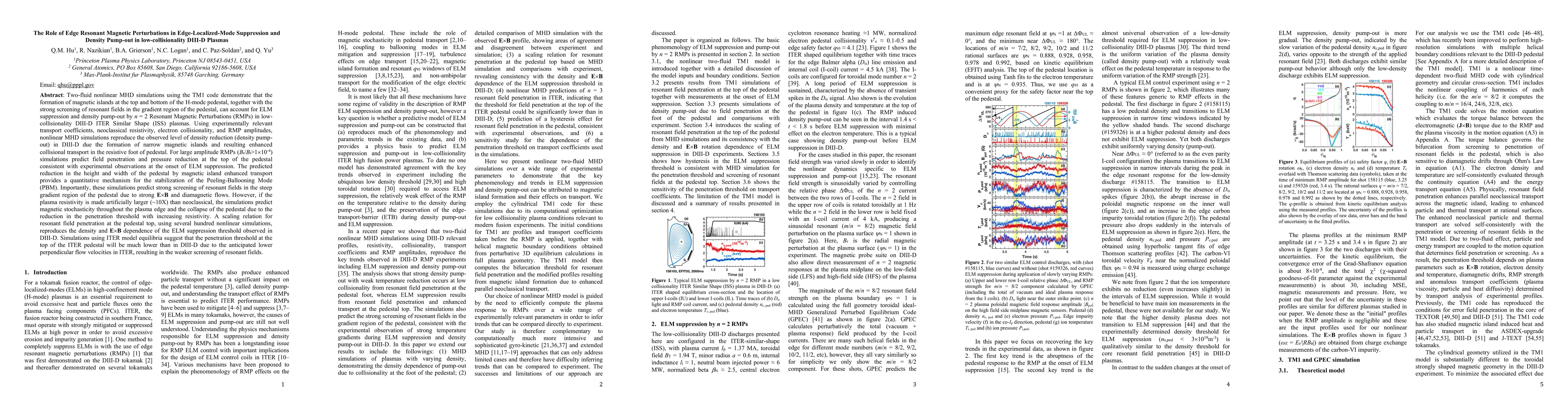 Thumbnail for The Role of Edge Resonant Magnetic Perturbations in Edge-Localized-Mode Suppression and Density Pump-out in low-collisionality DIII-D Plasmas
