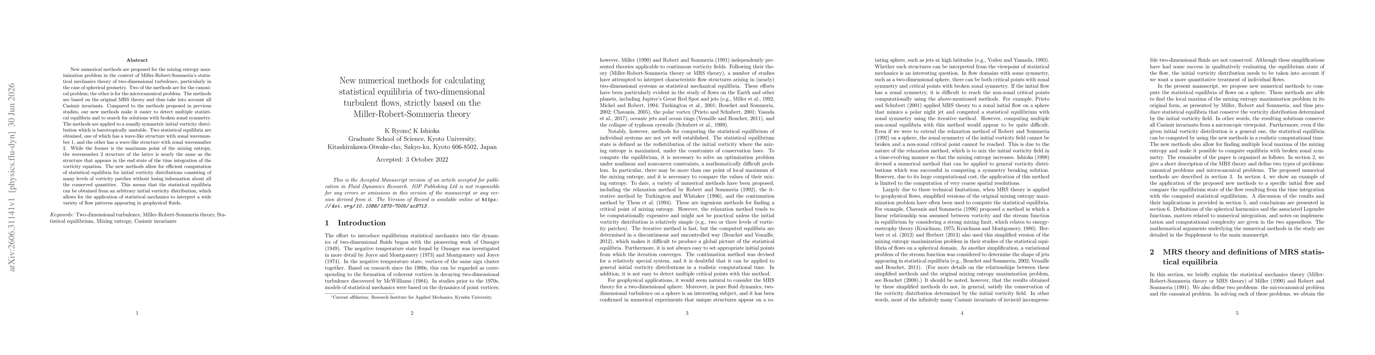 Thumbnail for New numerical methods for calculating statistical equilibria of two-dimensional turbulent flows, strictly based on the Miller-Robert-Sommeria theory