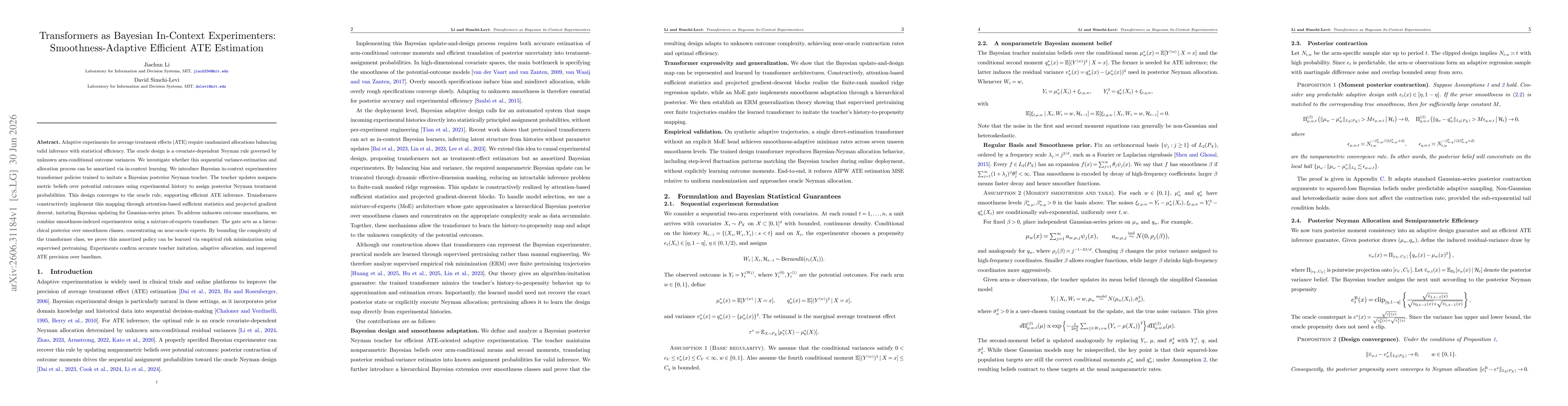 Thumbnail for Transformers as Bayesian In-Context Experimenters: Smoothness-Adaptive Efficient ATE Estimation