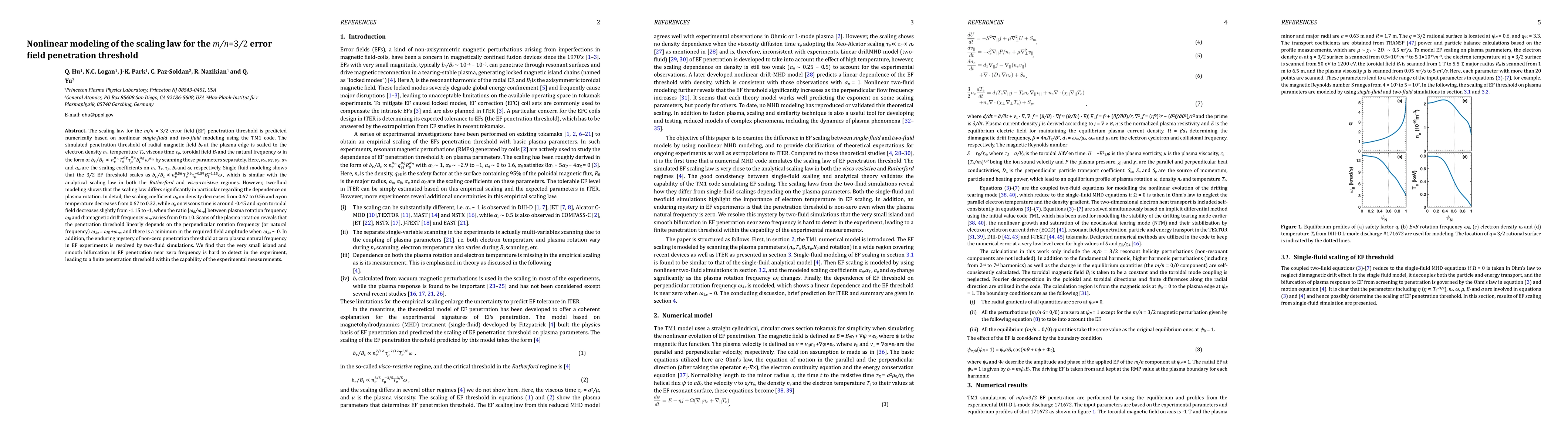 Thumbnail for Nonlinear modeling of the scaling law for the m/n=3/2 error field penetration threshold