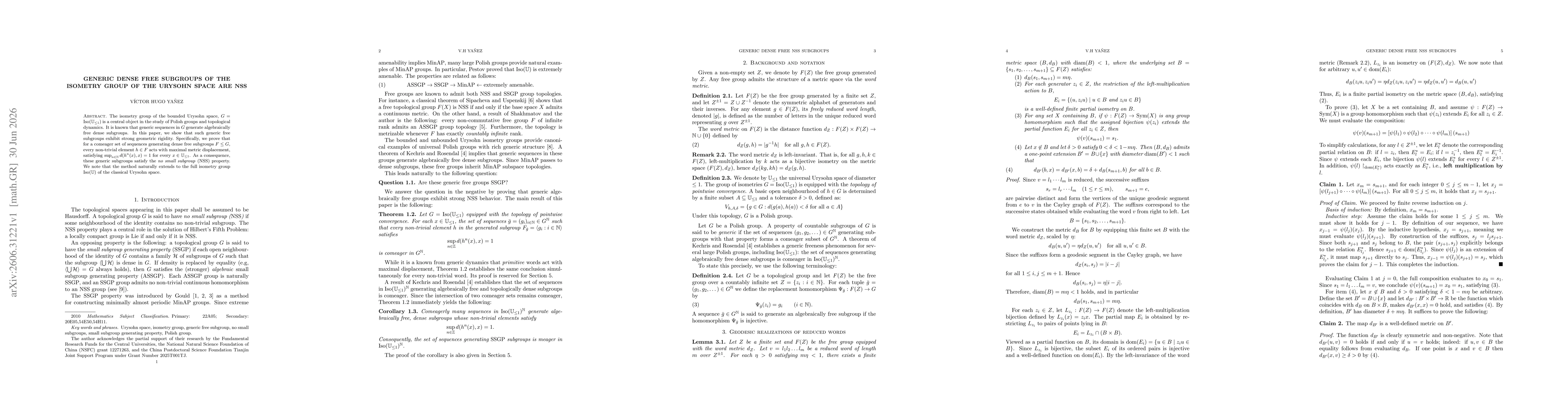Thumbnail for Generic dense free subgroups of the isometry group of the Urysohn space are NSS