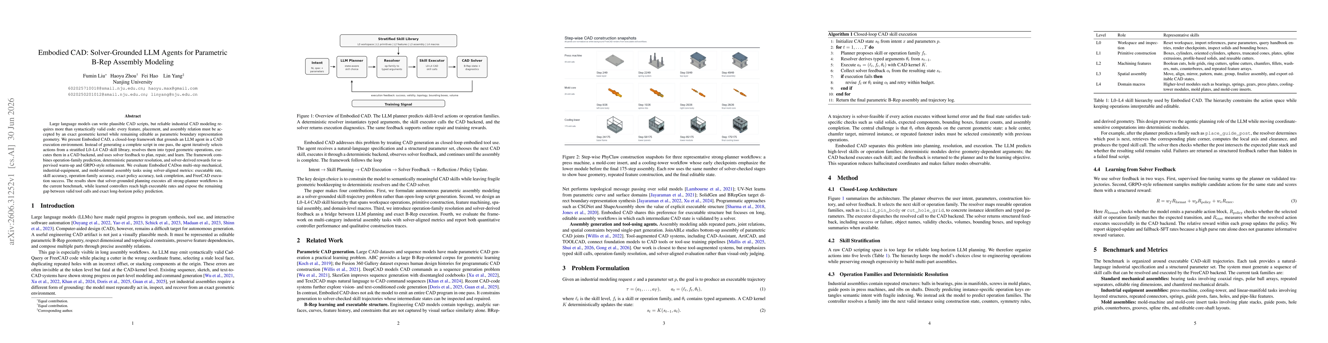 Thumbnail for Embodied CAD: Solver-Grounded LLM Agents for Parametric B-Rep Assembly Modeling