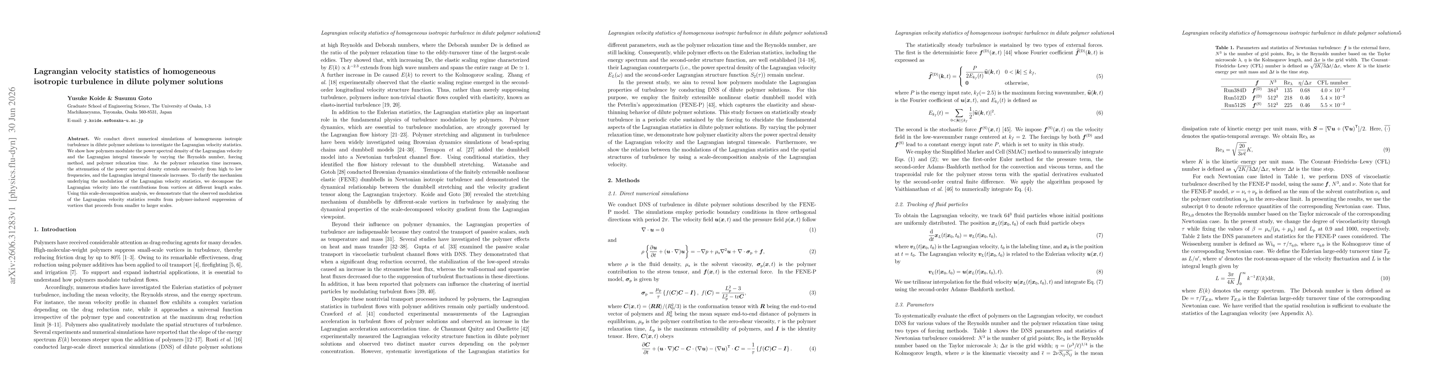 Thumbnail for Lagrangian velocity statistics of homogeneous isotropic turbulence in dilute polymer solutions