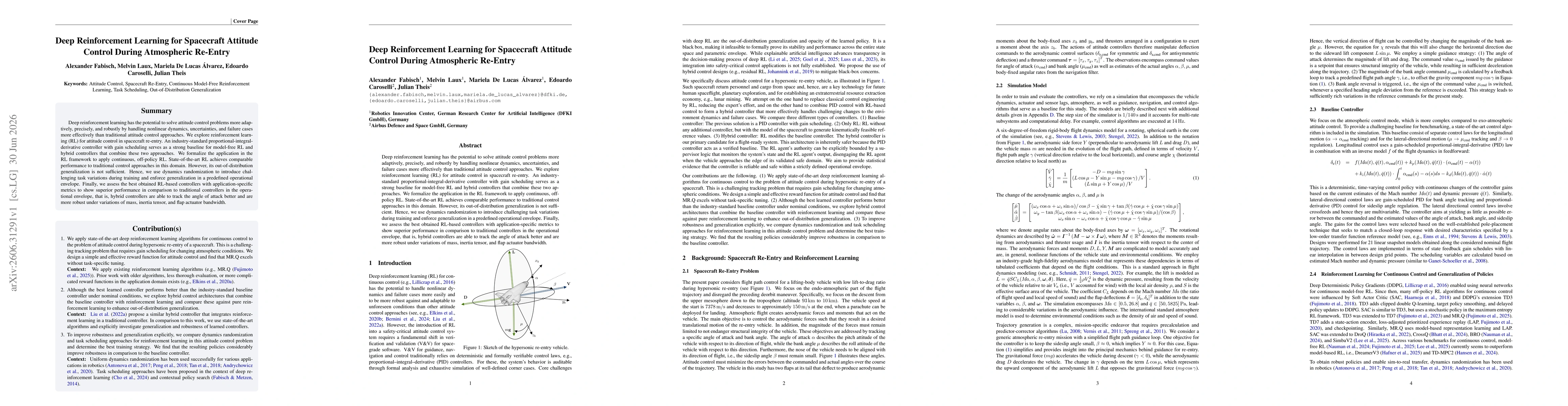 Thumbnail for Deep Reinforcement Learning for Spacecraft Attitude Control During Atmospheric Re-Entry
