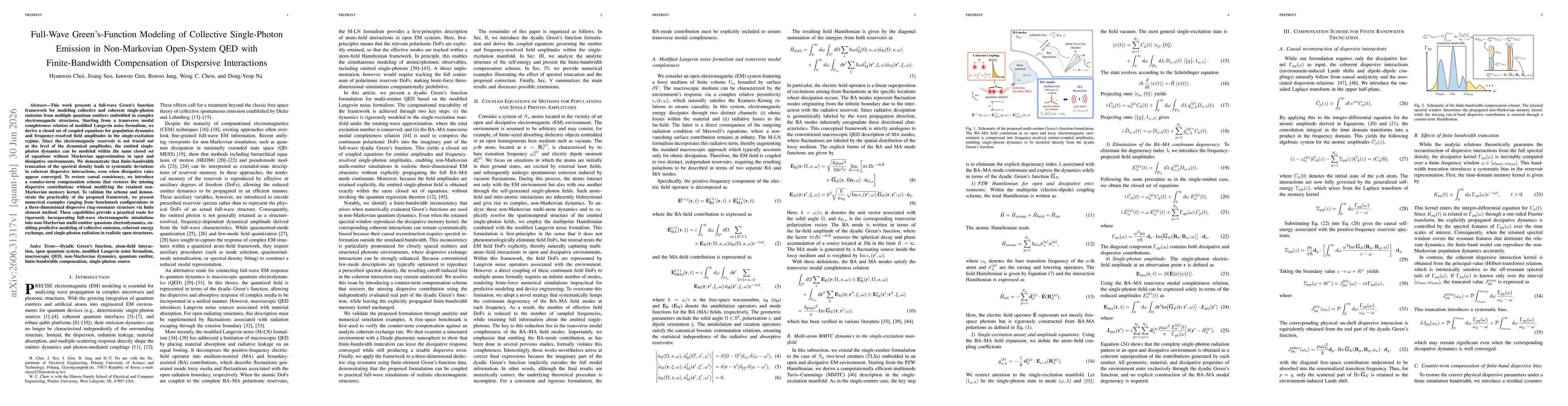 Thumbnail for Full-Wave Green's-Function Modeling of Collective Single-Photon Emission in Non-Markovian Open-System QED with Finite-Bandwidth Compensation of Dispersive Interactions
