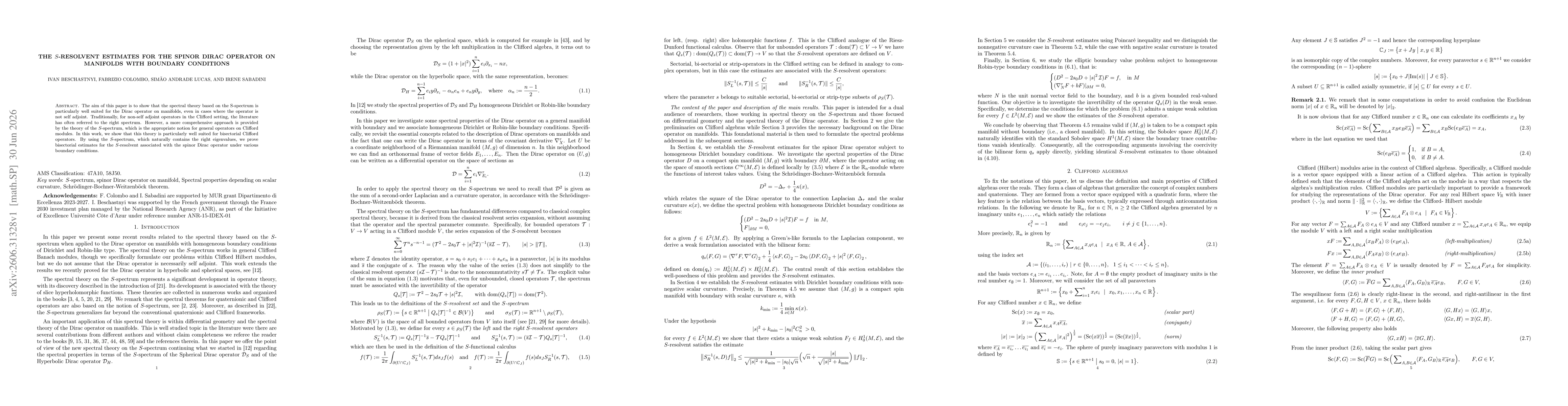 Thumbnail for The $S$-resolvent estimates for the Spinor Dirac operator on manifolds with boundary conditions