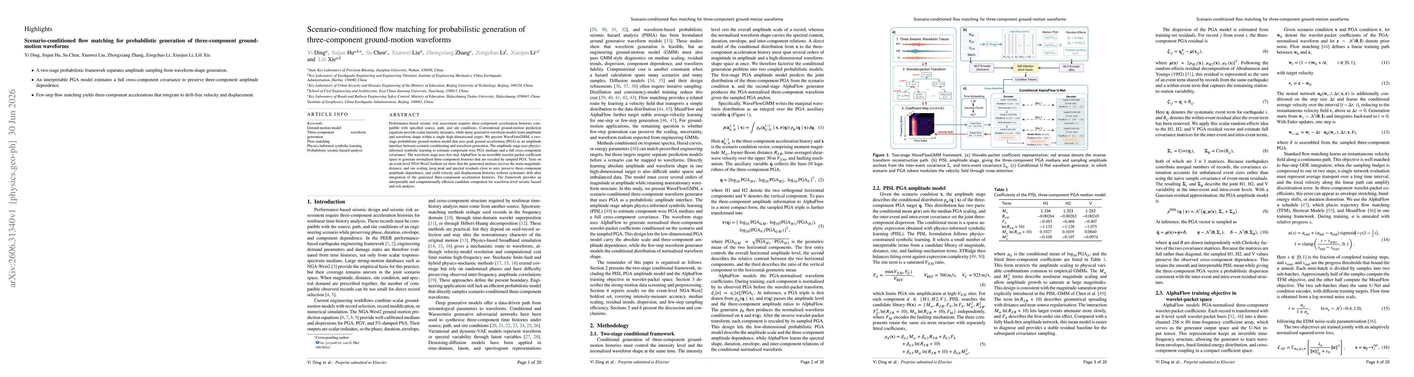 Thumbnail for Scenario-conditioned flow matching for probabilistic generation of three-component ground-motion waveforms