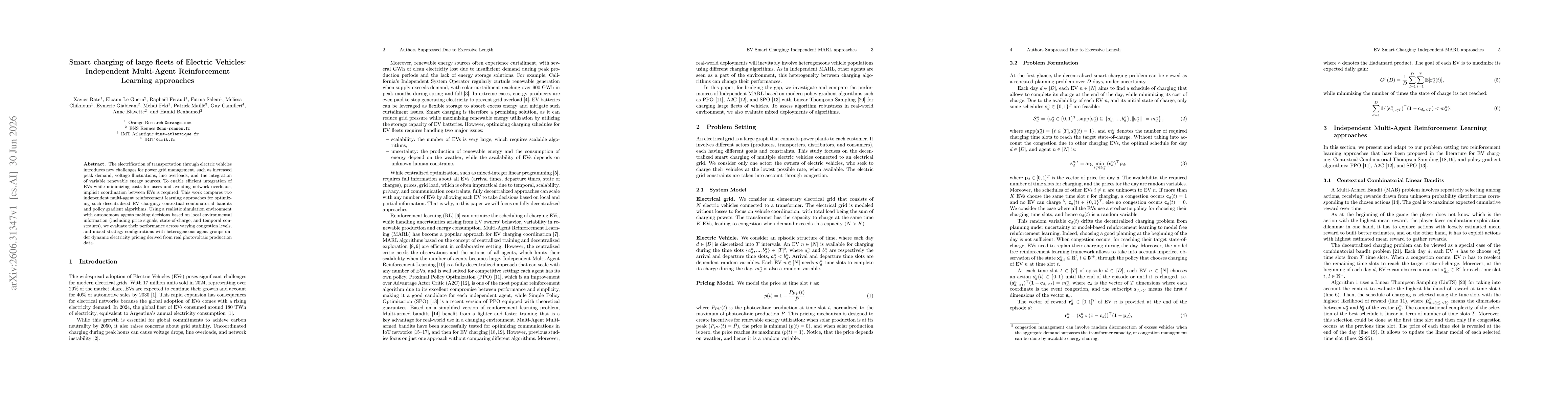 Thumbnail for Smart charging of large fleets of Electric Vehicles: Independent Multi-Agent Reinforcement Learning approaches