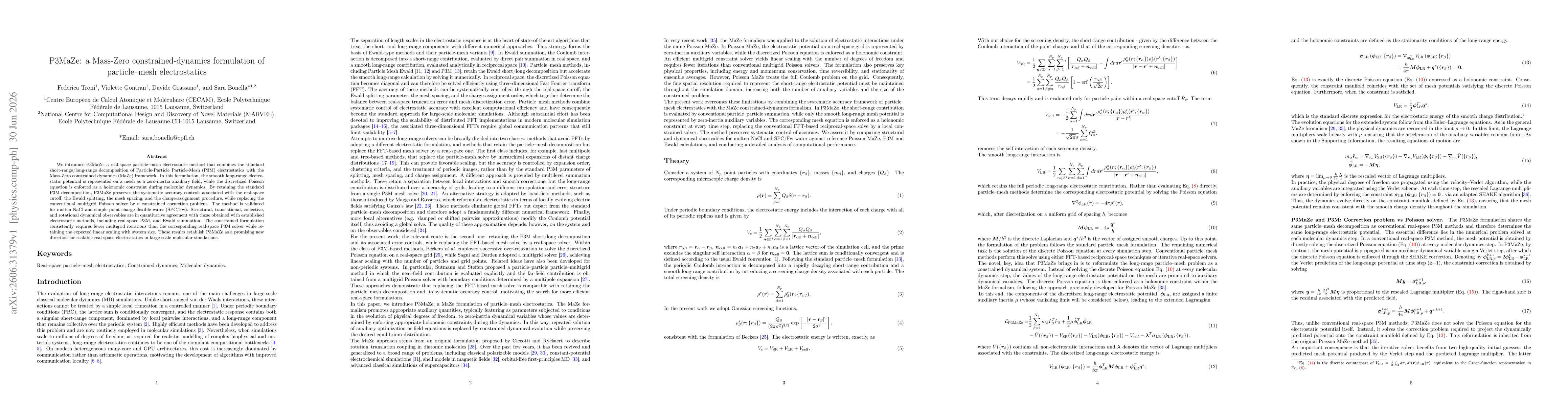 Thumbnail for P3MaZe: a Mass-Zero constrained-dynamics formulation of particle-mesh electrostatics