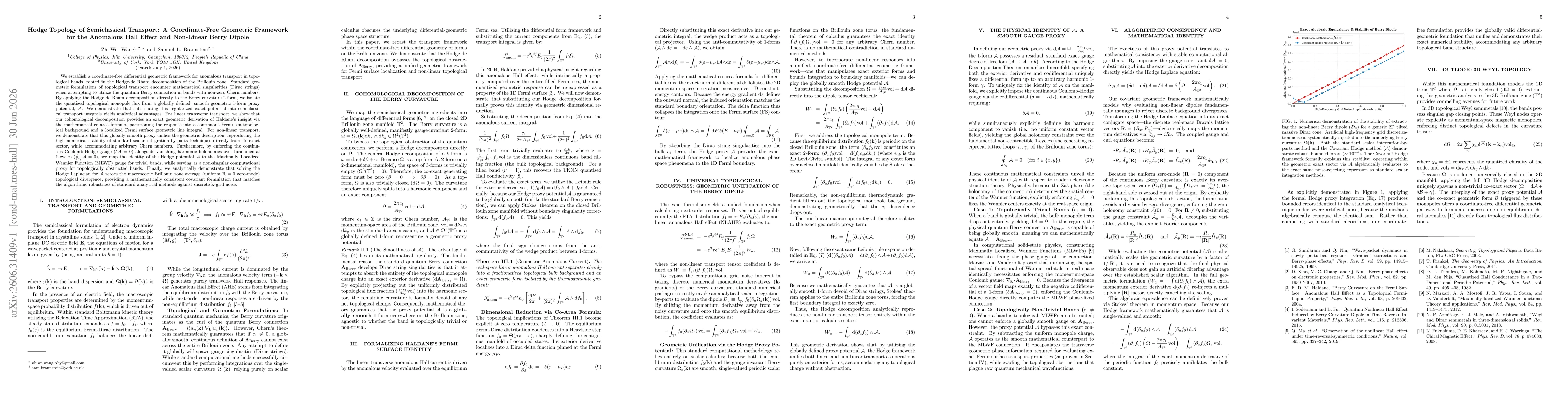 Thumbnail for Hodge Topology of Semiclassical Transport: A Coordinate-Free Geometric Framework for the Anomalous Hall Effect and Non-Linear Berry Dipole
