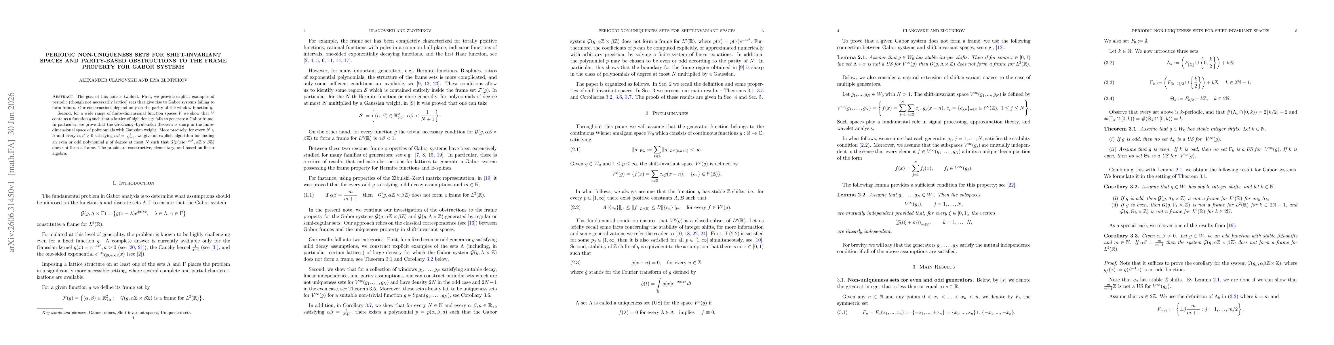 Thumbnail for Periodic Non-uniqueness Sets for Shift-invariant Spaces and Parity-Based Obstructions to the Frame Property for Gabor Systems