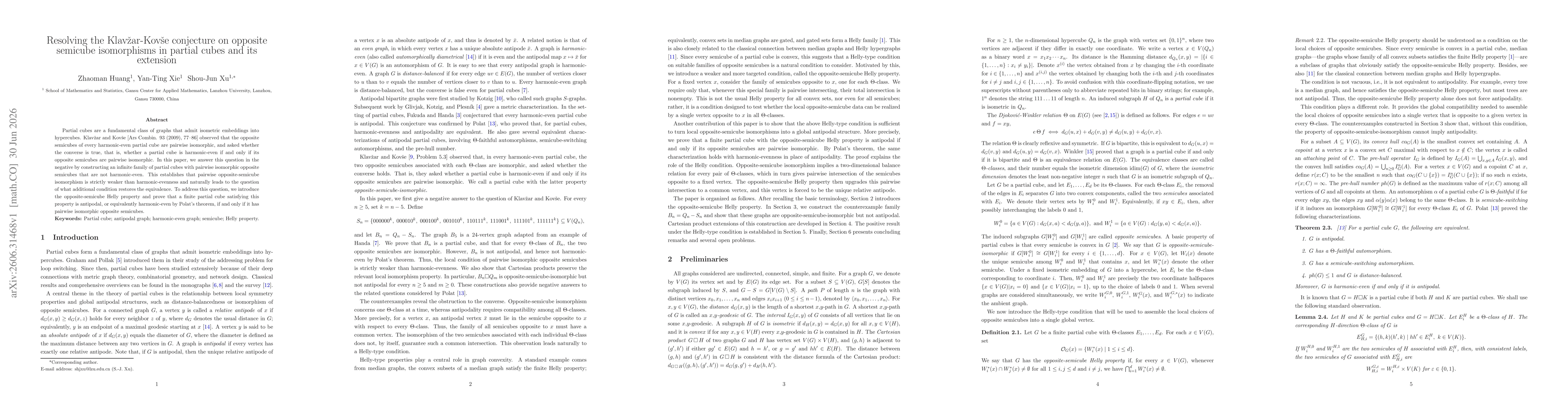 Thumbnail for Resolving the Klavžar-Kovše conjecture on opposite semicube isomorphisms in partial cubes and its extension