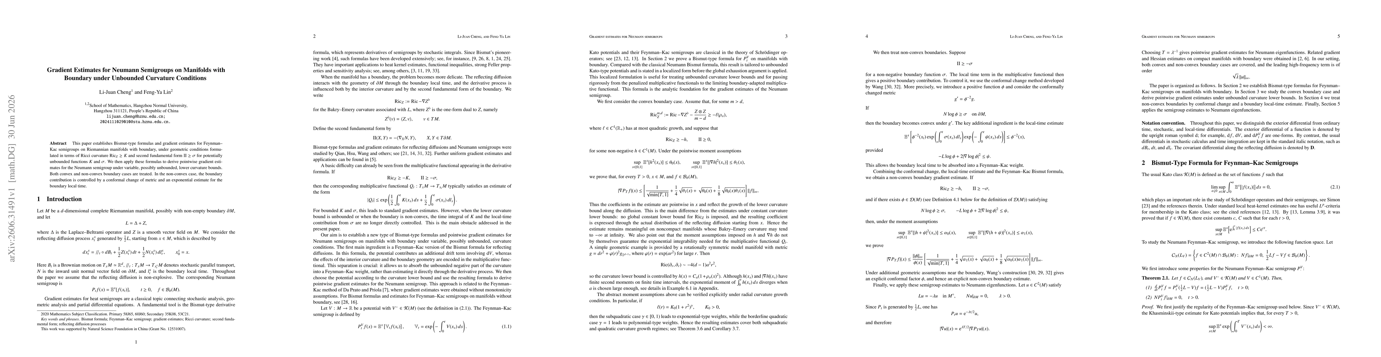 Thumbnail for Gradient Estimates for Neumann Semigroups on Manifolds with Boundary under Unbounded Curvature Conditions