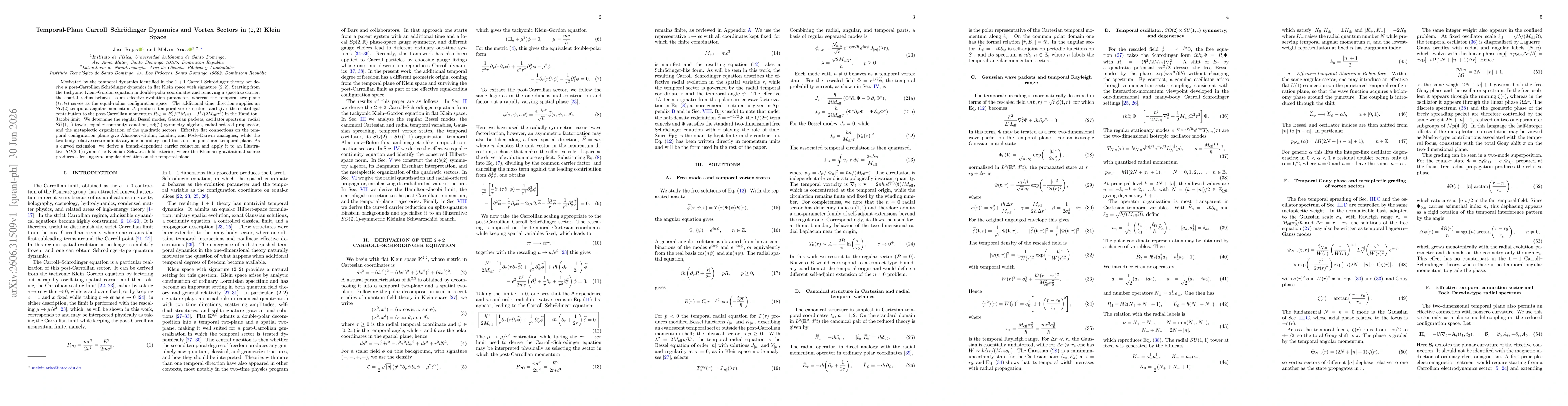 Thumbnail for Temporal-Plane Carroll--Schrödinger Dynamics and Vortex Sectors in (2,2) Klein Space