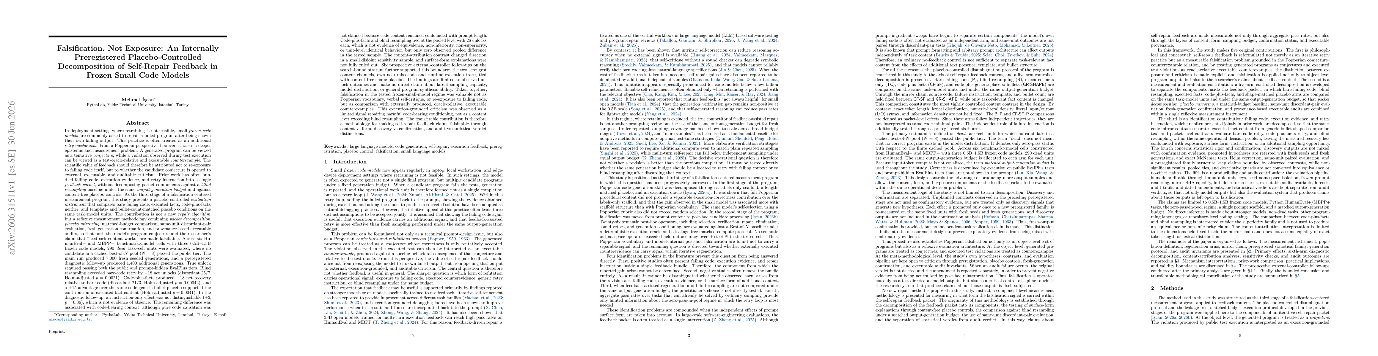 Thumbnail for Falsification, Not Exposure: An Internally Preregistered Placebo-Controlled Decomposition of Self-Repair Feedback in Frozen Small Code Models