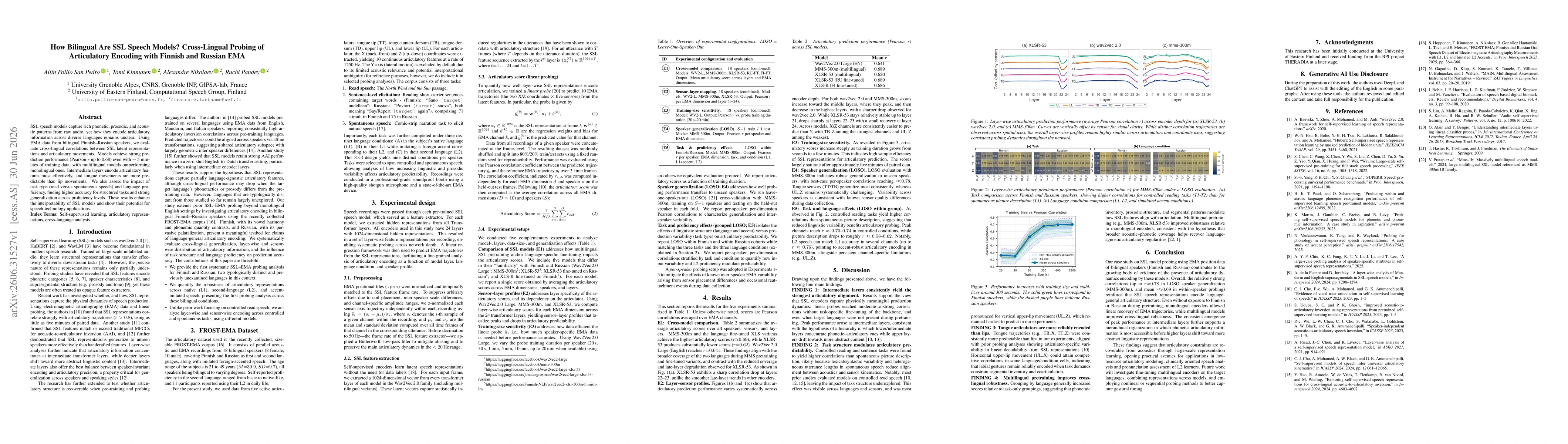 Thumbnail for How Bilingual Are SSL Speech Models? Cross-Lingual Probing of Articulatory Encoding with Finnish and Russian EMA