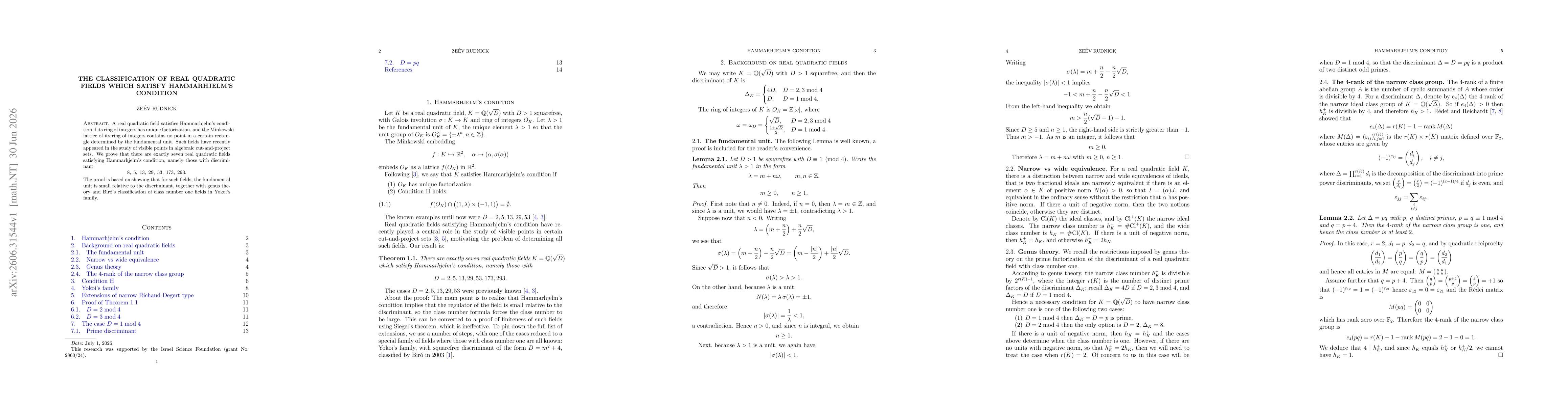 Thumbnail for The classification of real quadratic fields which satisfy Hammarhjelm's condition