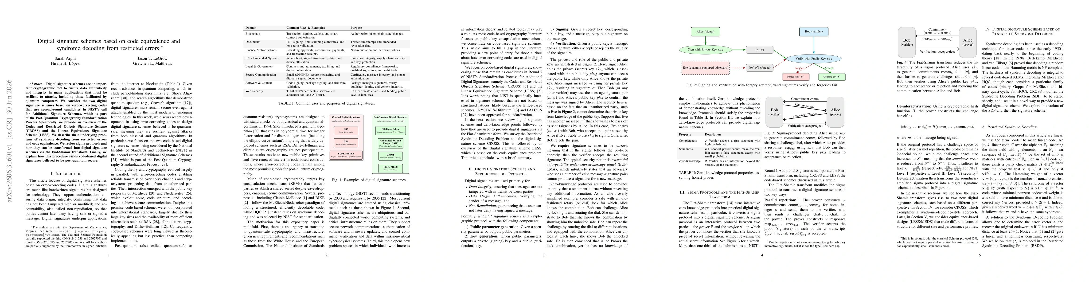 Thumbnail for Digital signature schemes based on code equivalence and syndrome decoding from restricted errors