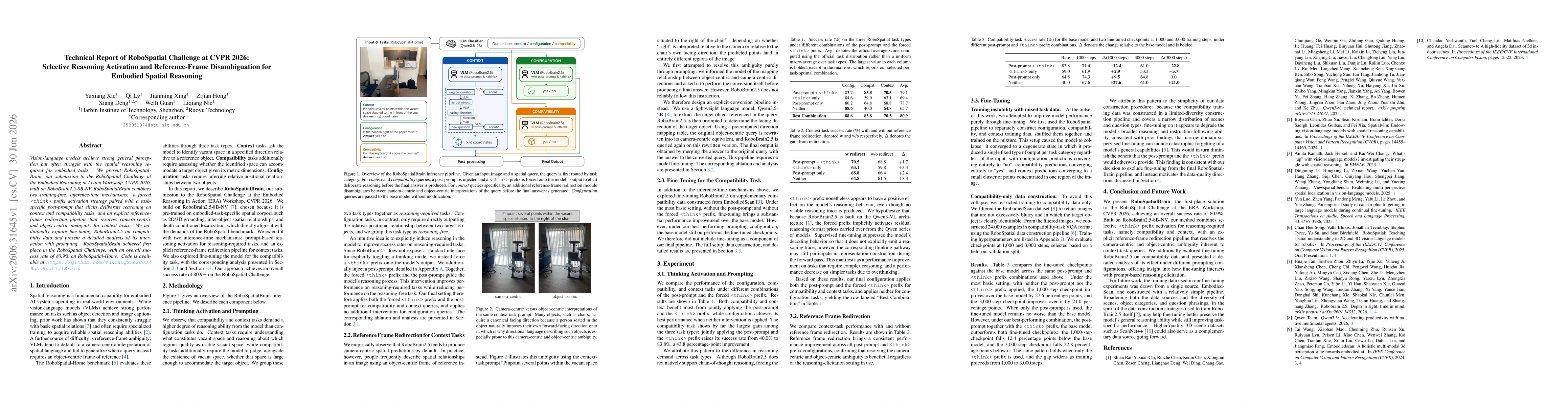 Thumbnail for Technical Report of RoboSpatial Challenge at CVPR 2026: Selective Reasoning Activation and Reference-Frame Disambiguation for Embodied Spatial Reasoning