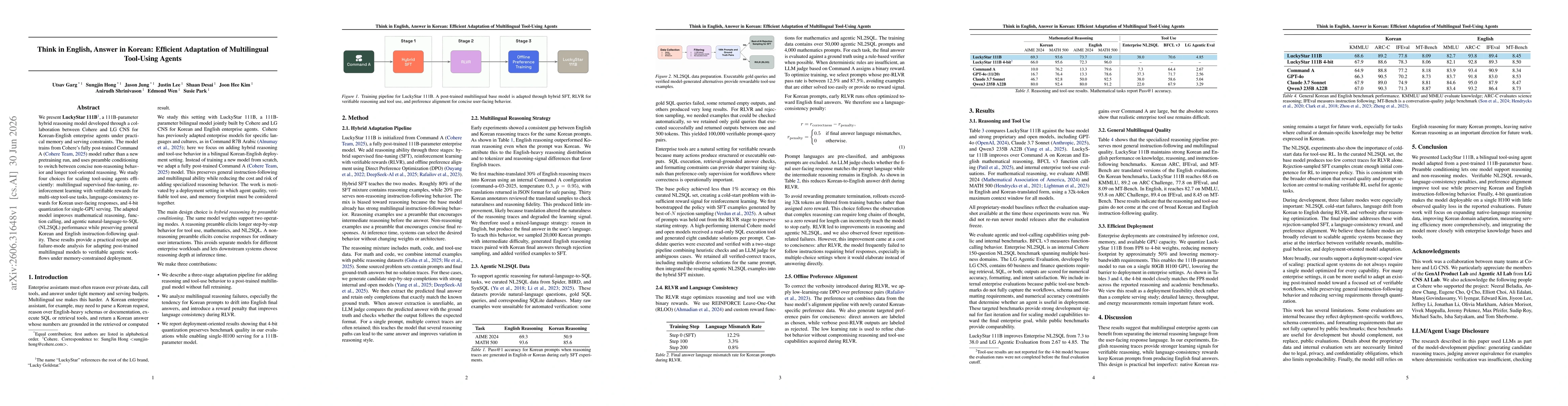 Thumbnail for Think in English, Answer in Korean: Efficient Adaptation of Multilingual Tool-Using Agents