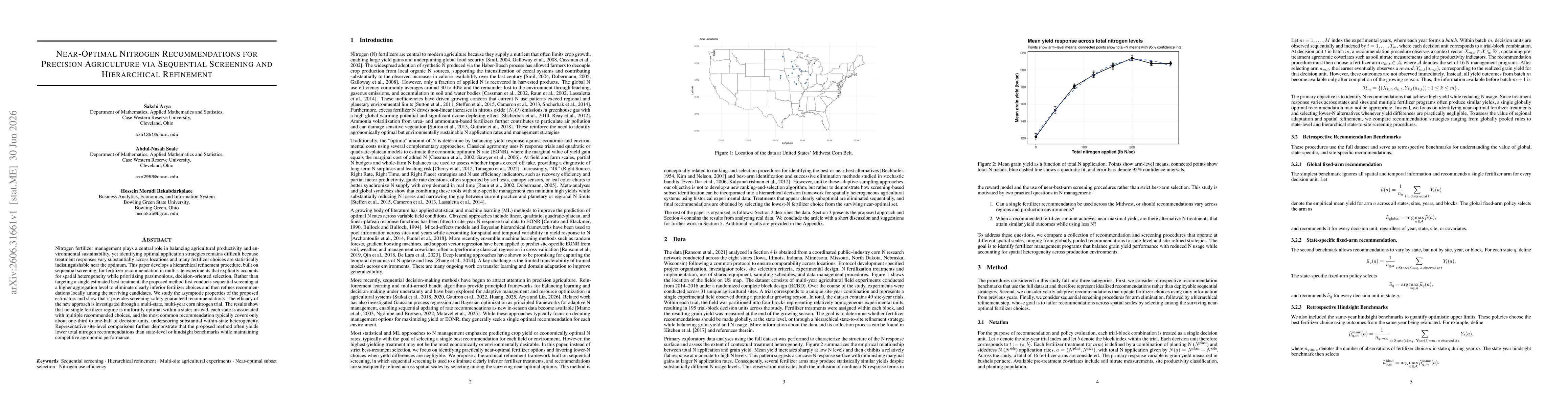 Thumbnail for Near-Optimal Nitrogen Recommendations for Precision Agriculture via Sequential Screening and Hierarchical Refinement