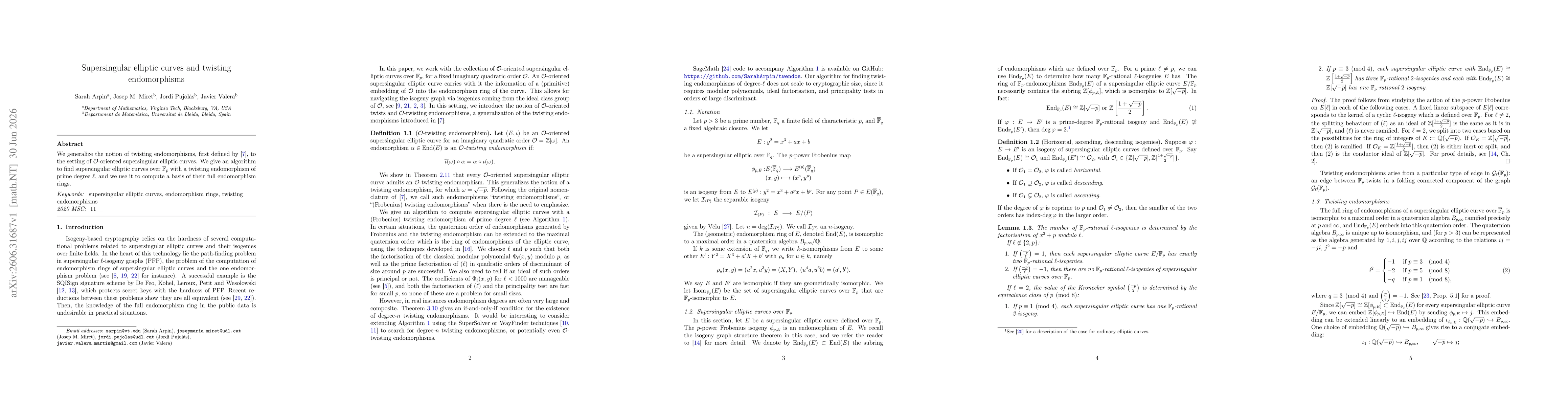 Thumbnail for Supersingular elliptic curves and twisting endomorphisms