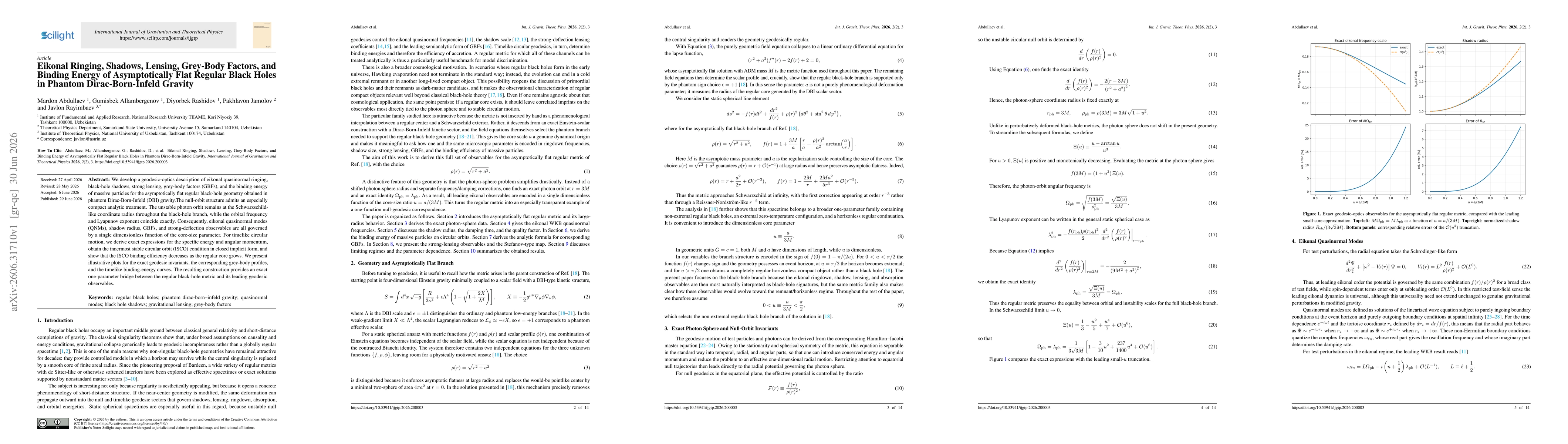 Thumbnail for Eikonal Ringing, Shadows, Lensing, Grey-Body Factors, and Binding Energy of Asymptotically Flat Regular Black Holes in Phantom Dirac-Born-Infeld Gravity