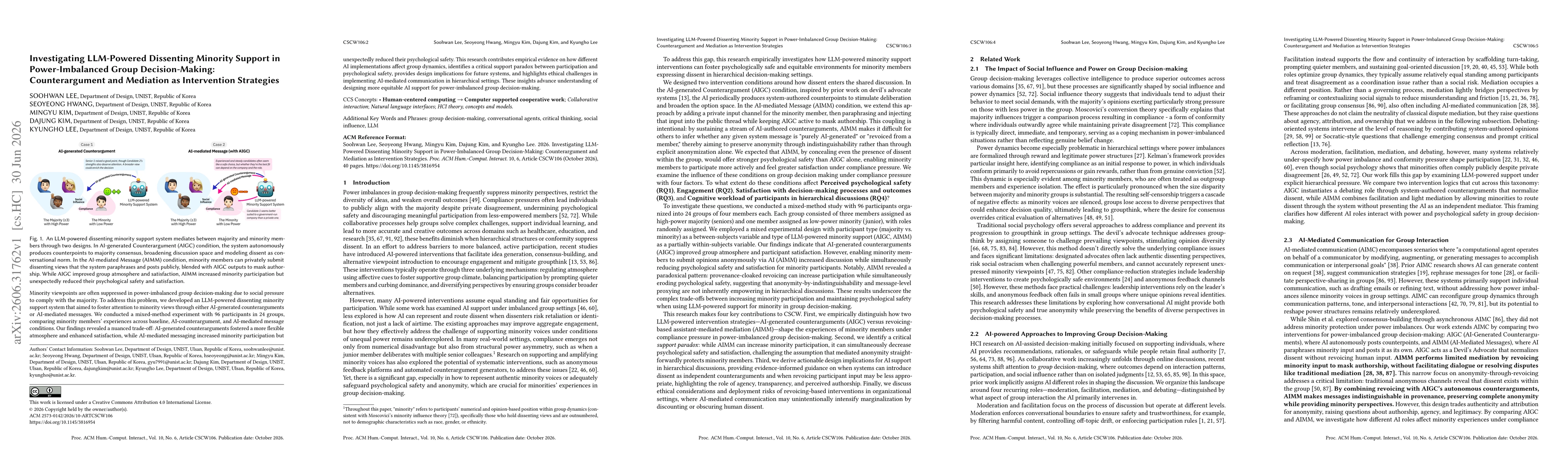 Thumbnail for Investigating LLM-Powered Dissenting Minority Support in Power-Imbalanced Group Decision-Making: Counterargument and Mediation as Intervention Strategies