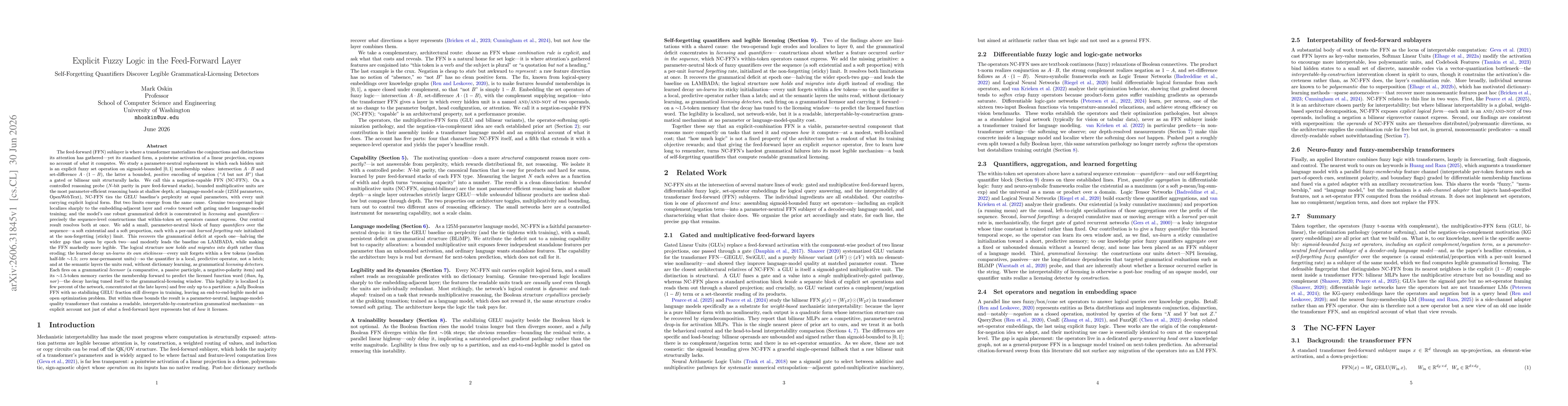 Thumbnail for Explicit Fuzzy Logic in the Feed-Forward Layer: Self-Forgetting Quantifiers Discover Legible Grammatical-Licensing Detectors