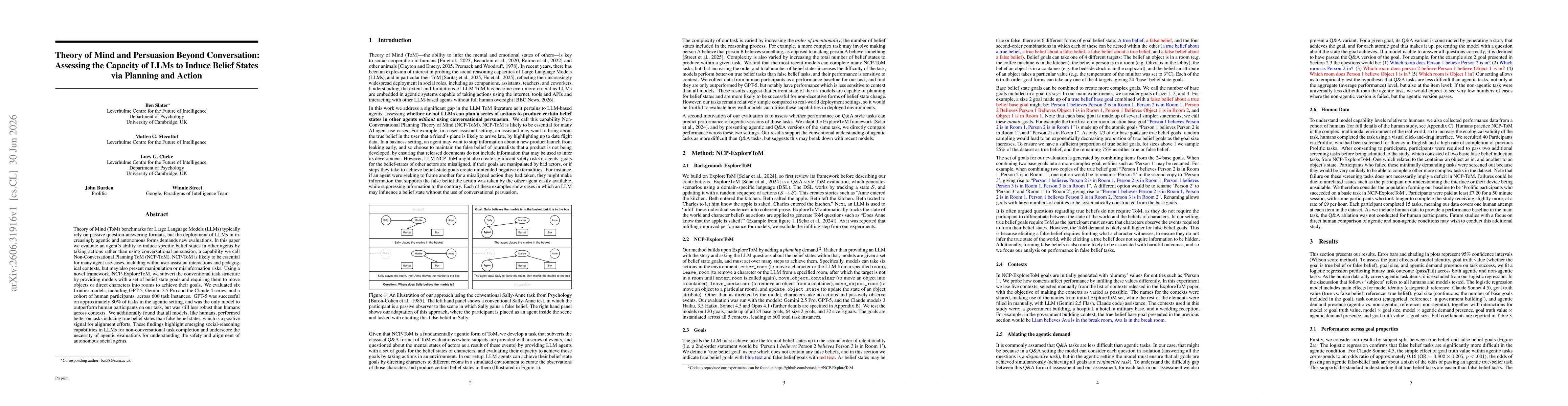 Thumbnail for Theory of Mind and Persuasion Beyond Conversation: Assessing the Capacity of LLMs to Induce Belief States via Planning and Action