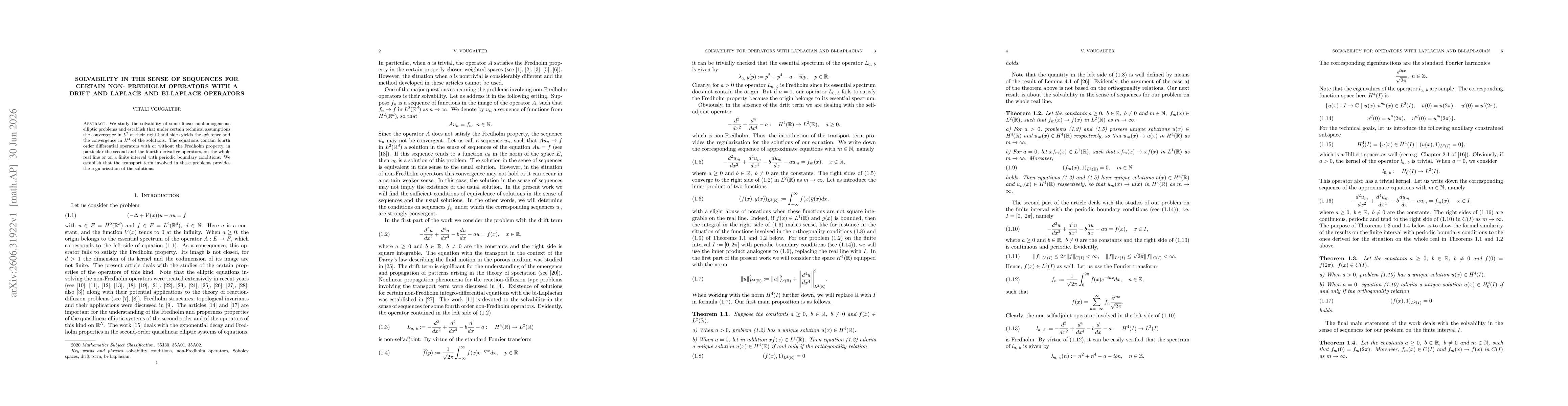 Thumbnail for Solvability in the sense of sequences for certain non-Fredholm operators with a drift and Laplace and bi-Laplace operators