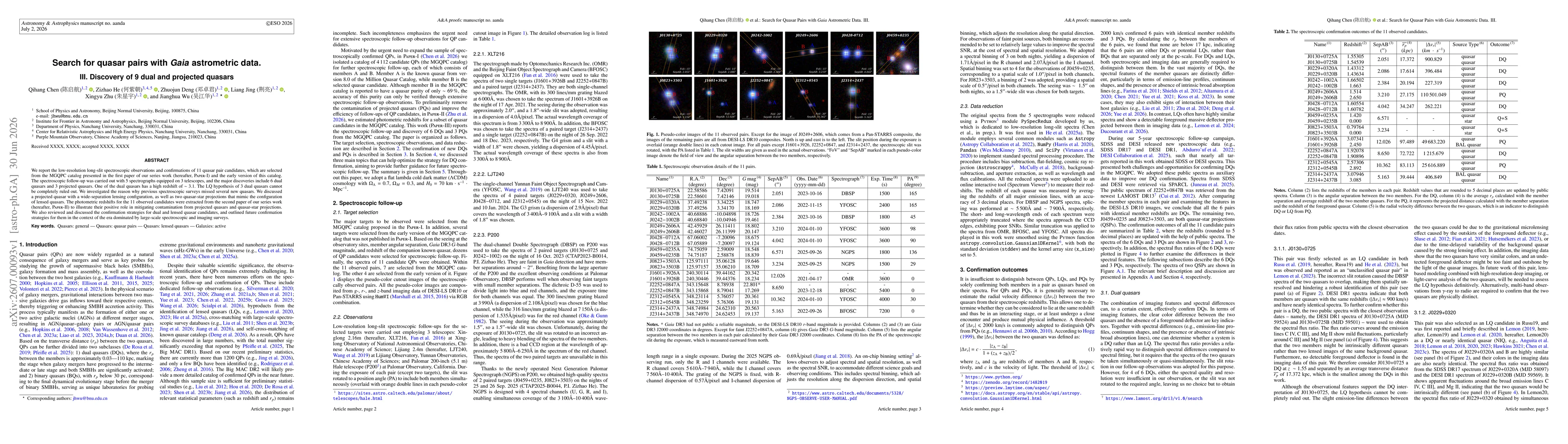 Thumbnail for Search for Quasar Pairs with ${\it Gaia}$ Astrometric Data. III. Discovery of 9 dual and projected quasars