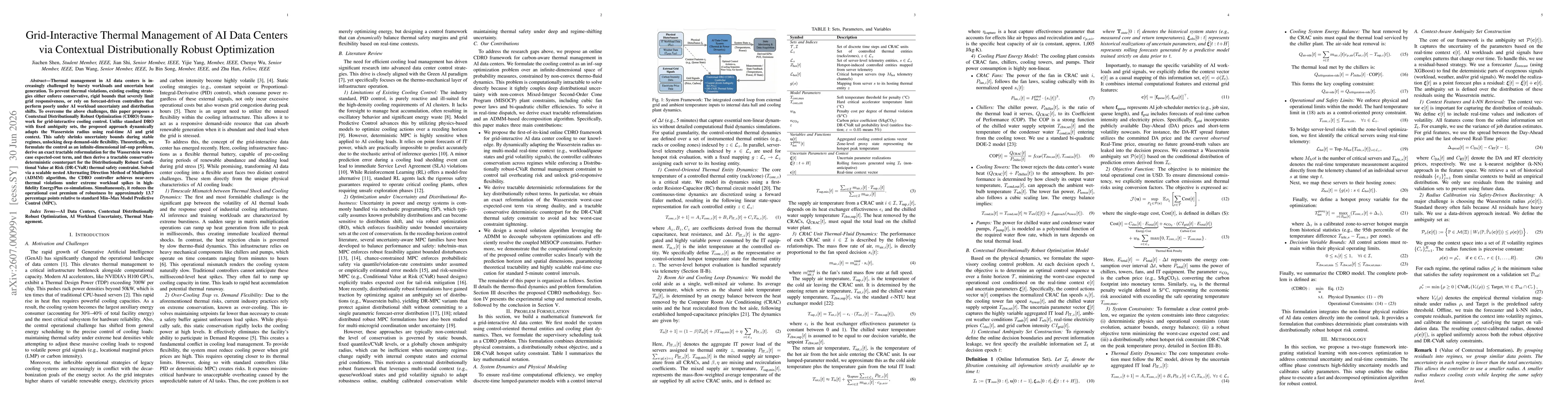 Thumbnail for Grid-Interactive Thermal Management of AI Data Centers via Contextual Distributionally Robust Optimization