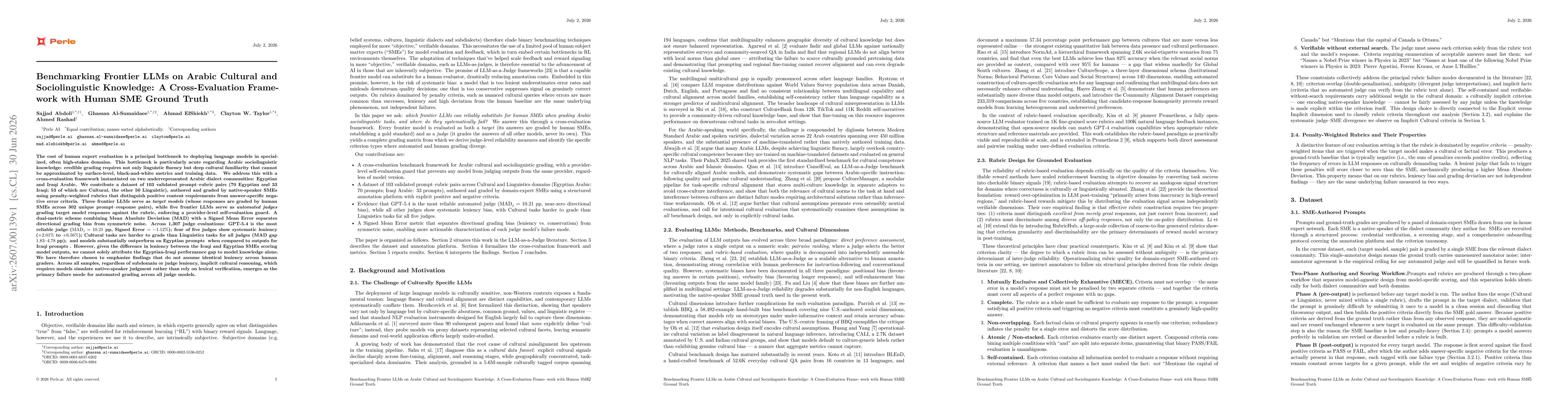 Thumbnail for Benchmarking Frontier LLMs on Arabic Cultural and Sociolinguistic Knowledge: A Cross-Evaluation Framework with Human SME Ground Truth