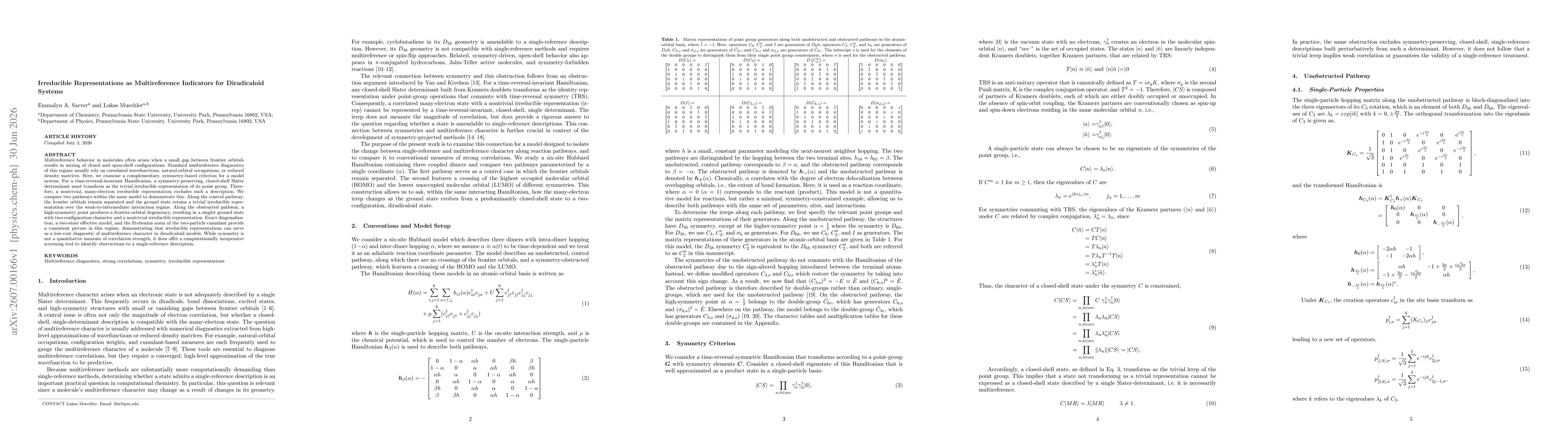 Thumbnail for Irreducible Representations as Multireference Indicators for Diradicaloid Systems
