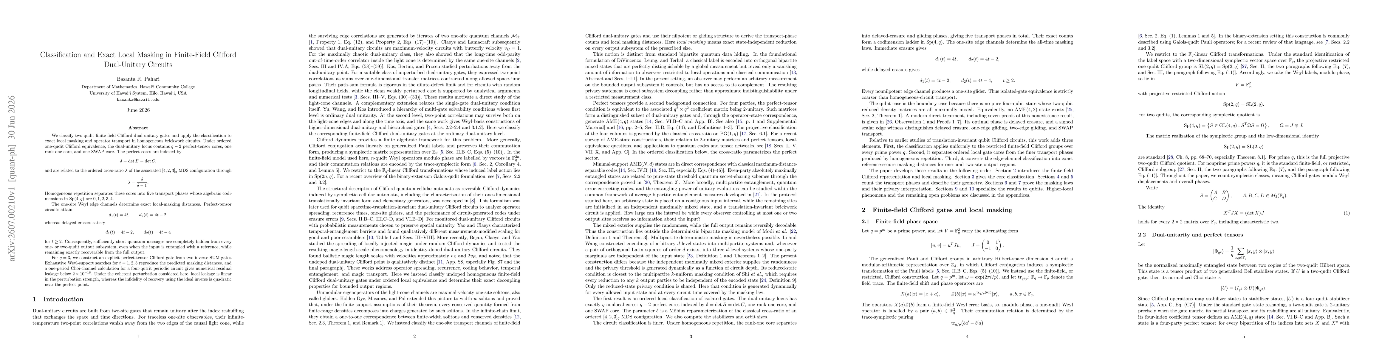 Thumbnail for Classification and Exact Local Masking in Finite-Field Clifford Dual-Unitary Circuits