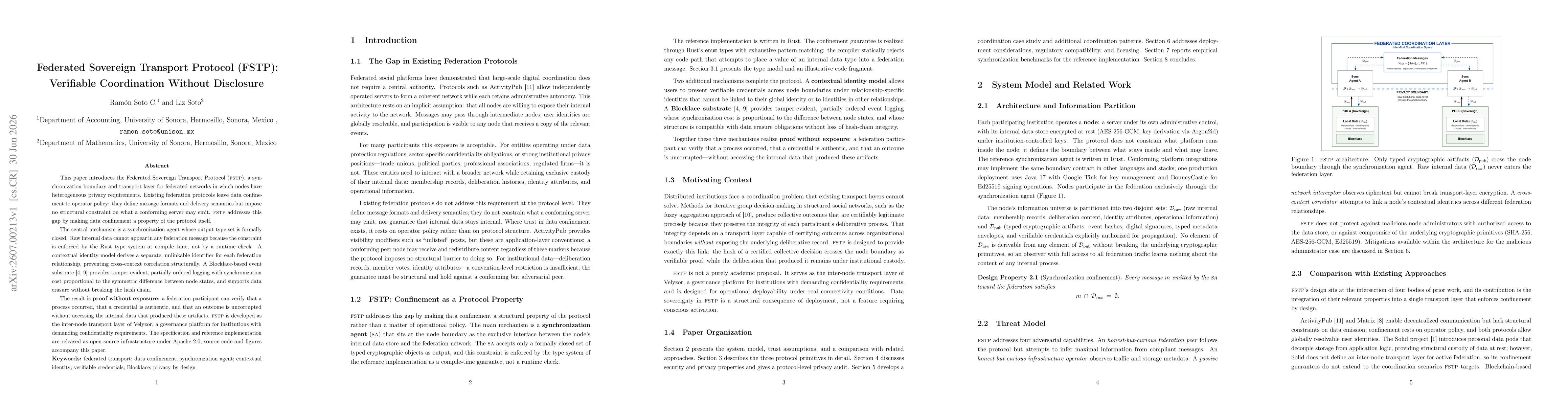 Thumbnail for Federated Sovereign Transport Protocol (FSTP): Verifiable Coordination Without Disclosure