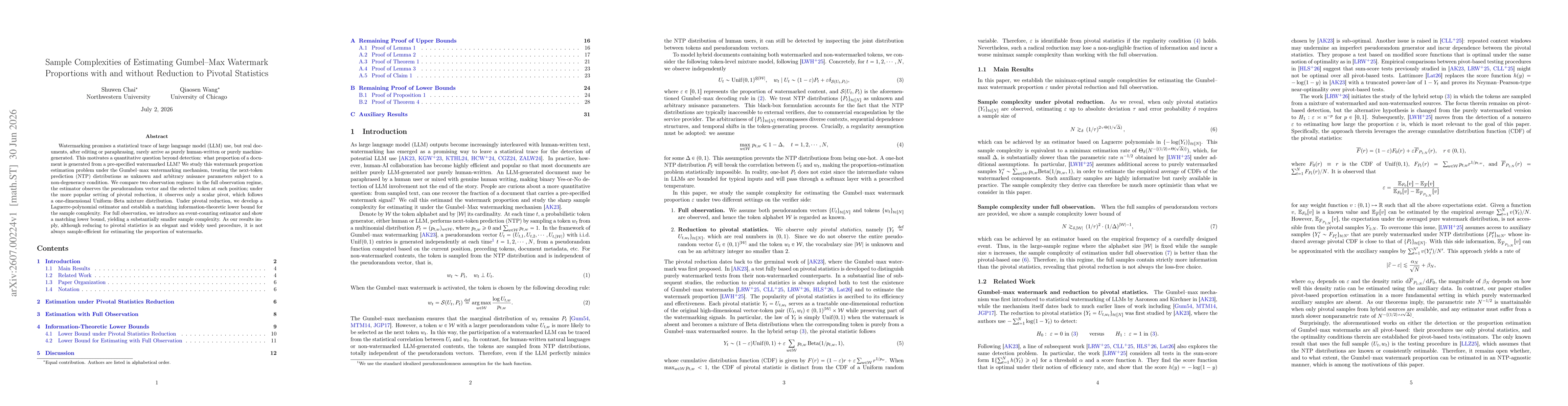 Thumbnail for Sample Complexities of Estimating Gumbel--Max Watermark Proportions with and without Reduction to Pivotal Statistics