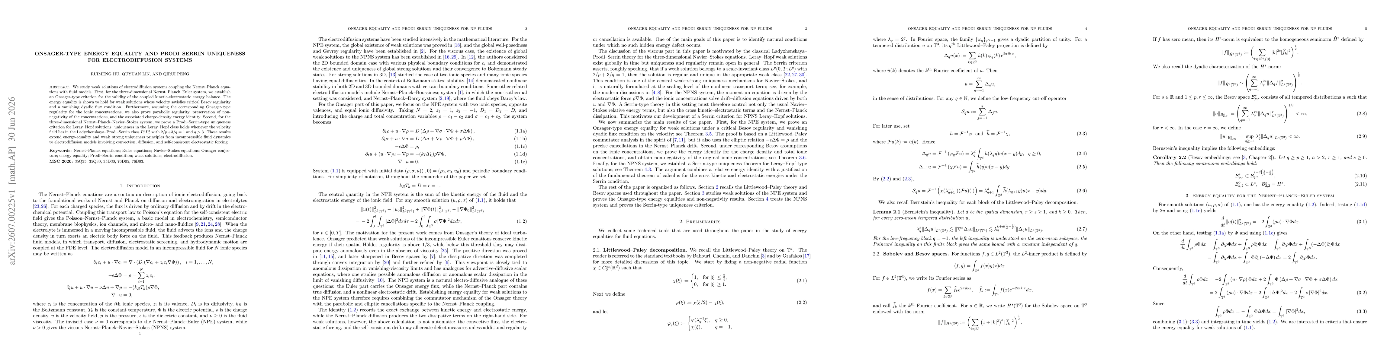Thumbnail for Onsager-Type Energy Equality and Prodi--Serrin Uniqueness for Nernst--Planck Fluid Systems