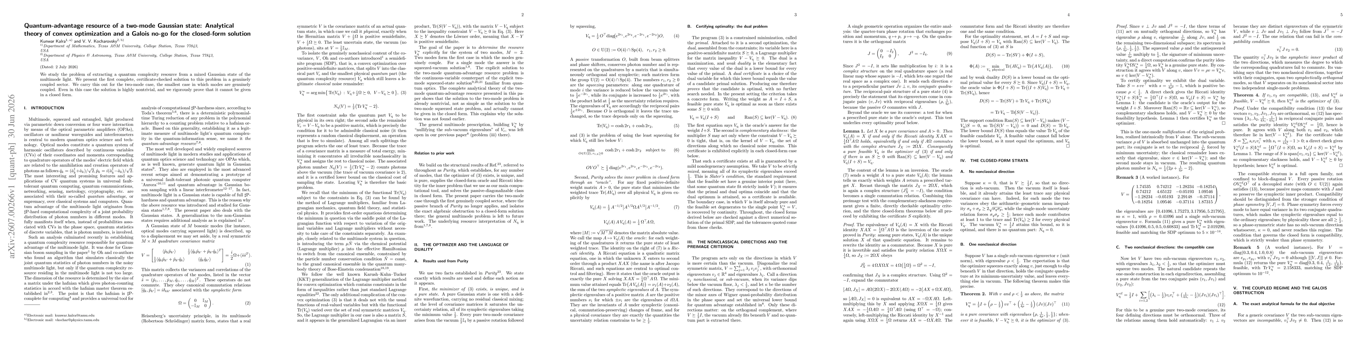 Thumbnail for Quantum-advantage resource of a two-mode Gaussian state: Analytical theory of convex optimization and a Galois no-go for the closed-form solution