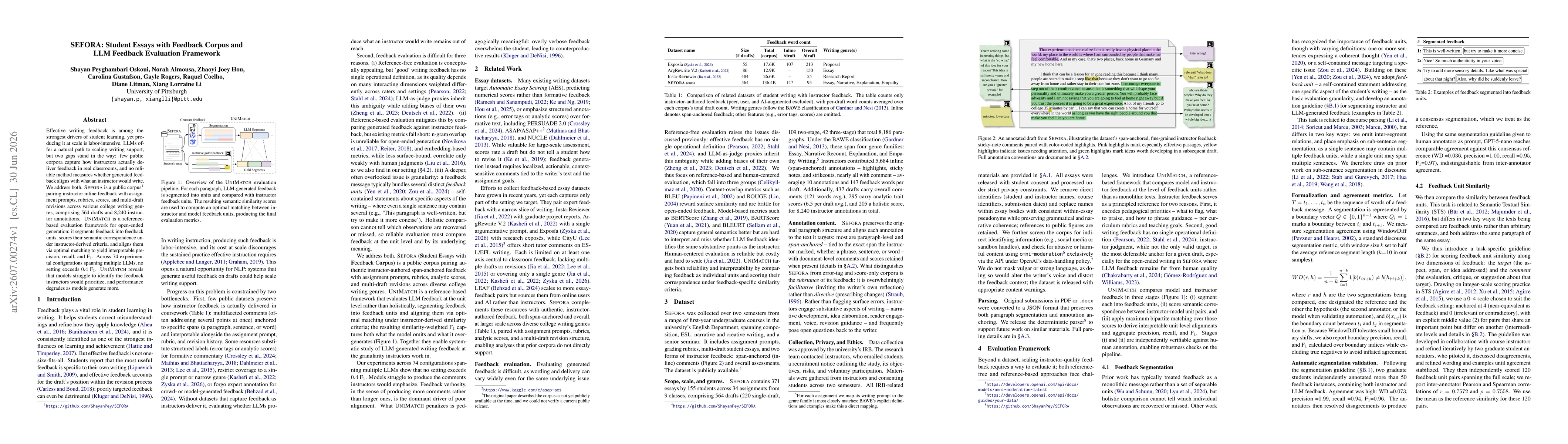 Thumbnail for SEFORA: Student Essays with Feedback Corpus and LLM Feedback Evaluation Framework