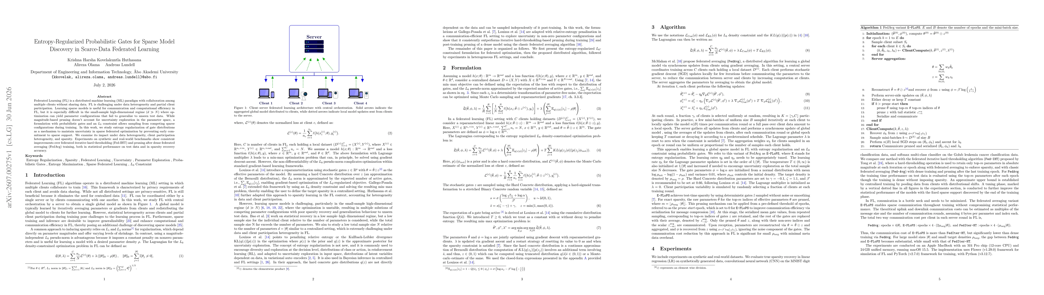 Thumbnail for Entropy-Regularized Probabilistic Gates for Sparse Model Discovery in Scarce-Data Federated Learning