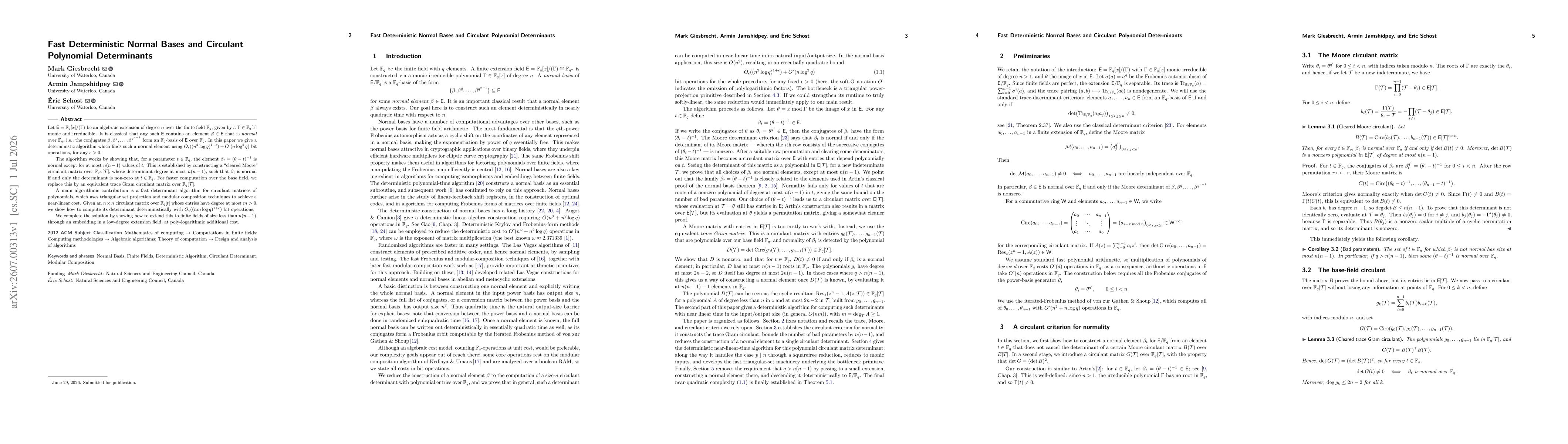 Thumbnail for Fast Deterministic Normal Bases and Circulant Polynomial Determinants