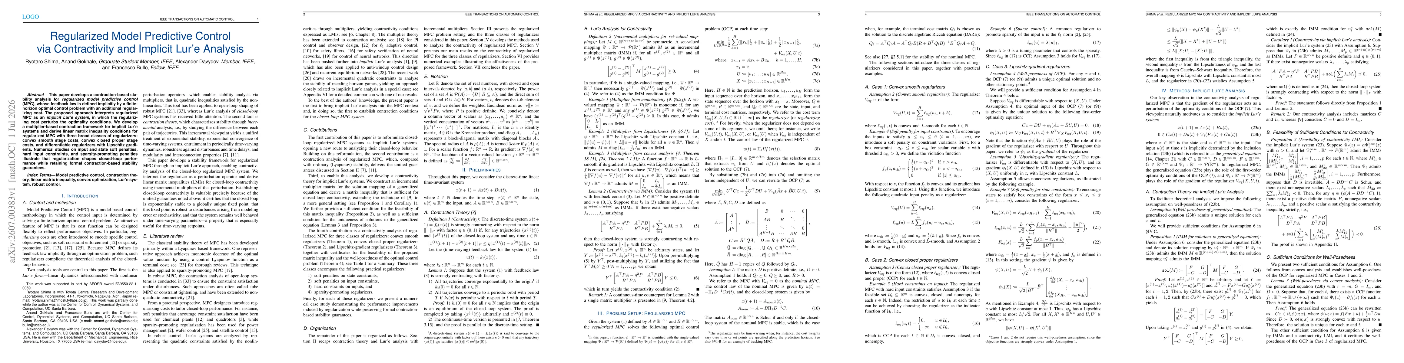Thumbnail for Regularized Model Predictive Control via Contractivity and Implicit Lur'e Analysis