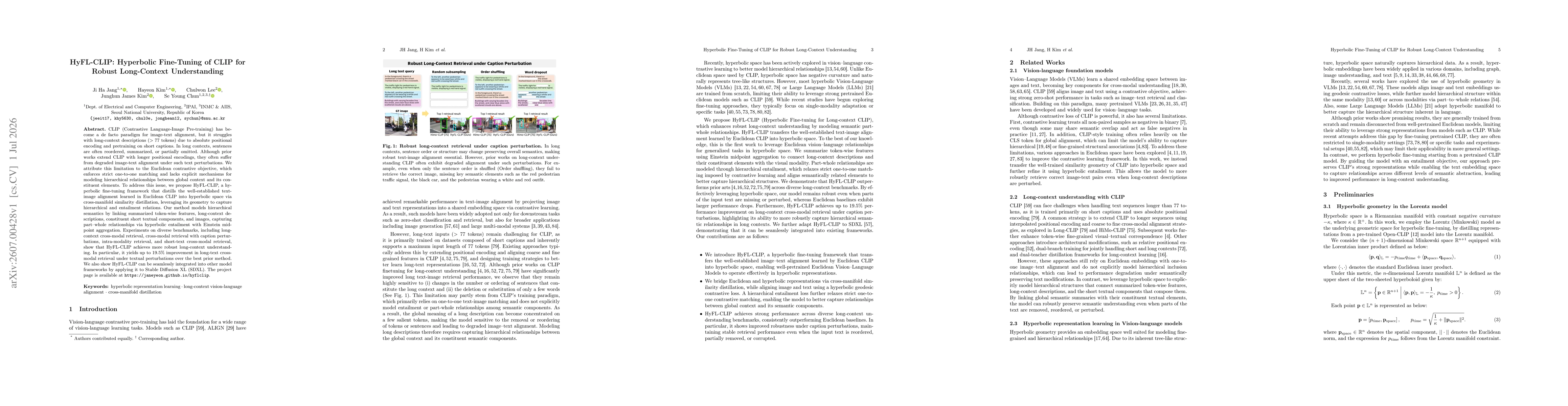 Thumbnail for HyFL-CLIP: Hyperbolic Fine-Tuning of CLIP for Robust Long-Context Understanding