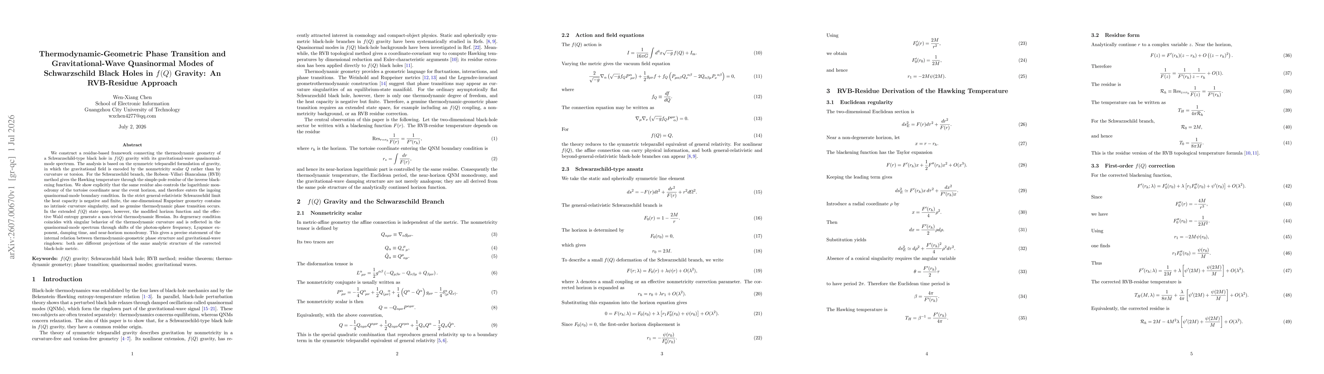 Thumbnail for Thermodynamic-Geometric Phase Transition and Gravitational-Wave Quasinormal Modes of Schwarzschild Black Holes in $f(Q)$ Gravity: An RVB-Residue Approach